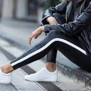 NWT SPANX Faux Leather Leggings for Tummy Control with Side Stripe Size M